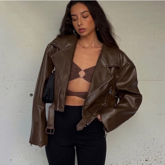 LIONESS BROWN/CAMEL CROPPED FAUX LEATHER JACKET - Picture 3 of 6